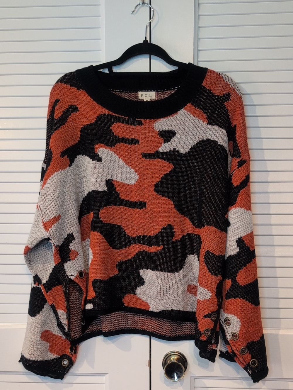 POL Orange, Black & Cream Camouflage Crewneck Sweater NWT Size S - Picture 2 of 7